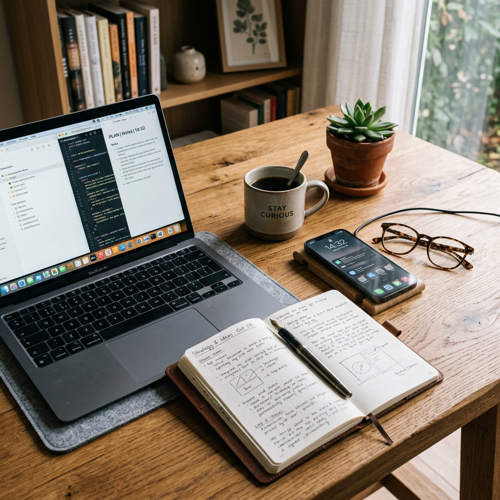 Workspace with laptop, notebook, coffee mug reading “STAY CURIOUS,” phone, glasses, and plant